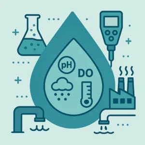 Ảnh đại diện infographic về thiết bị phân tích nước HACH với biểu tượng giọt nước và các thông số pH, DO, độ đục.