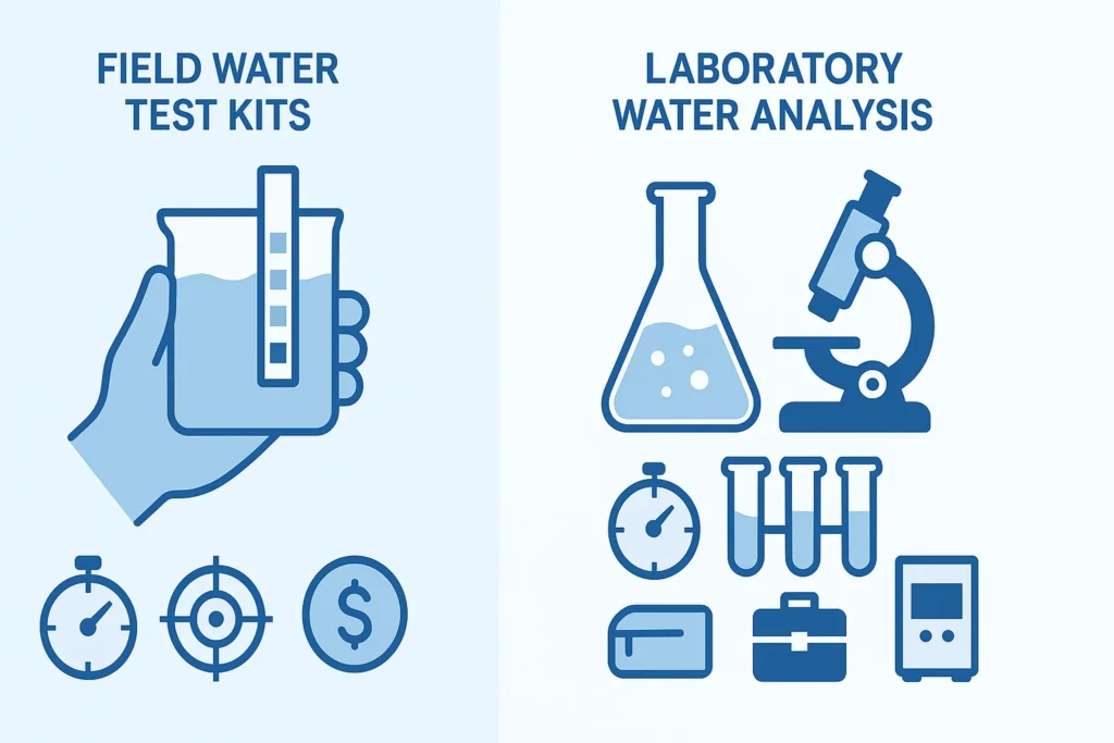 Infographic so sánh sự khác biệt giữa kit test nước HACH và phân tích nước trong phòng thí nghiệm về tốc độ, chi phí và độ chính xác.