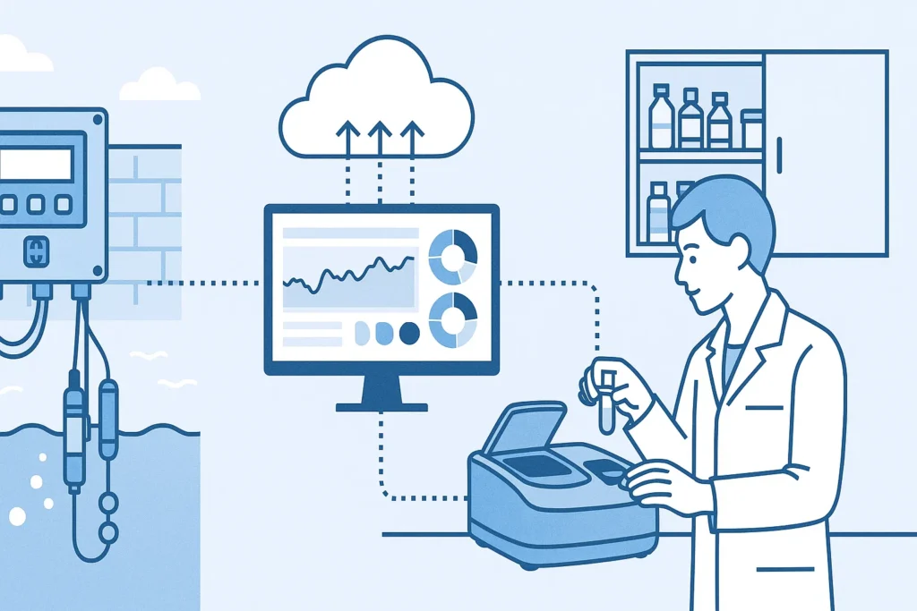 Hệ thống phân tích nước của HACH kết hợp kit test nước, thiết bị phòng thí nghiệm DR6000 và cảm biến online SC1000 để giám sát chất lượng nước toàn diện.