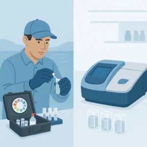 So sánh kit test nước HACH và phân tích nước trong phòng thí nghiệm với cảnh kỹ thuật viên kiểm tra nước ngoài hiện trường và nhà khoa học sử dụng máy quang phổ DR6000.