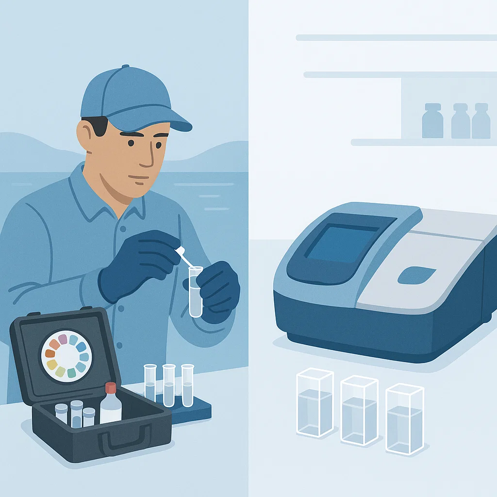 So sánh kit test nước HACH và phân tích nước trong phòng thí nghiệm với cảnh kỹ thuật viên kiểm tra nước ngoài hiện trường và nhà khoa học sử dụng máy quang phổ DR6000.