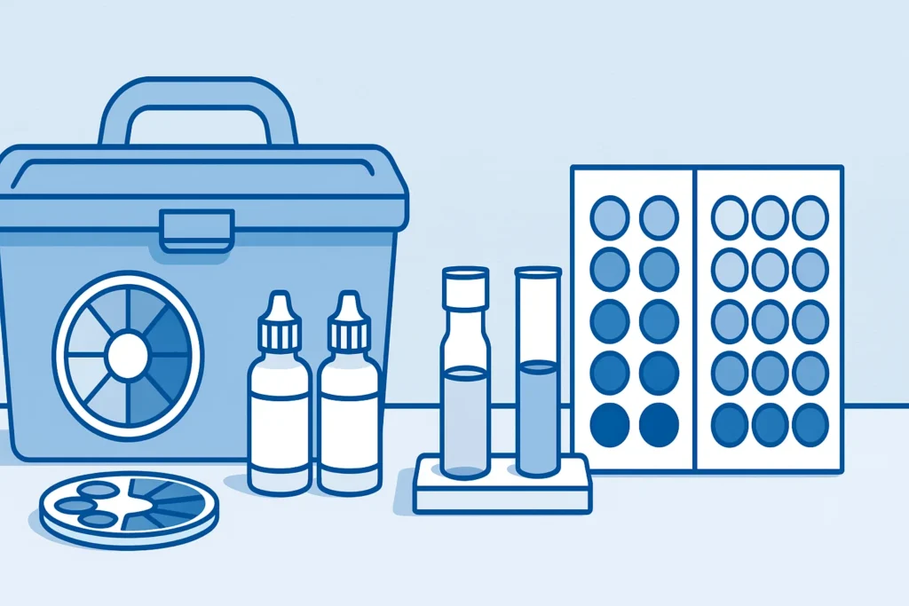 Bộ kit test nước HACH gồm đĩa so màu, ống nghiệm và thuốc thử dùng để kiểm tra nhanh các chỉ tiêu chất lượng nước ngoài hiện trường.