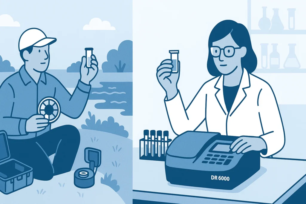 Kỹ thuật viên dùng kit test nước ngoài hiện trường và nhà khoa học phân tích mẫu trong phòng lab để minh họa ứng dụng của hai phương pháp kiểm tra nước.