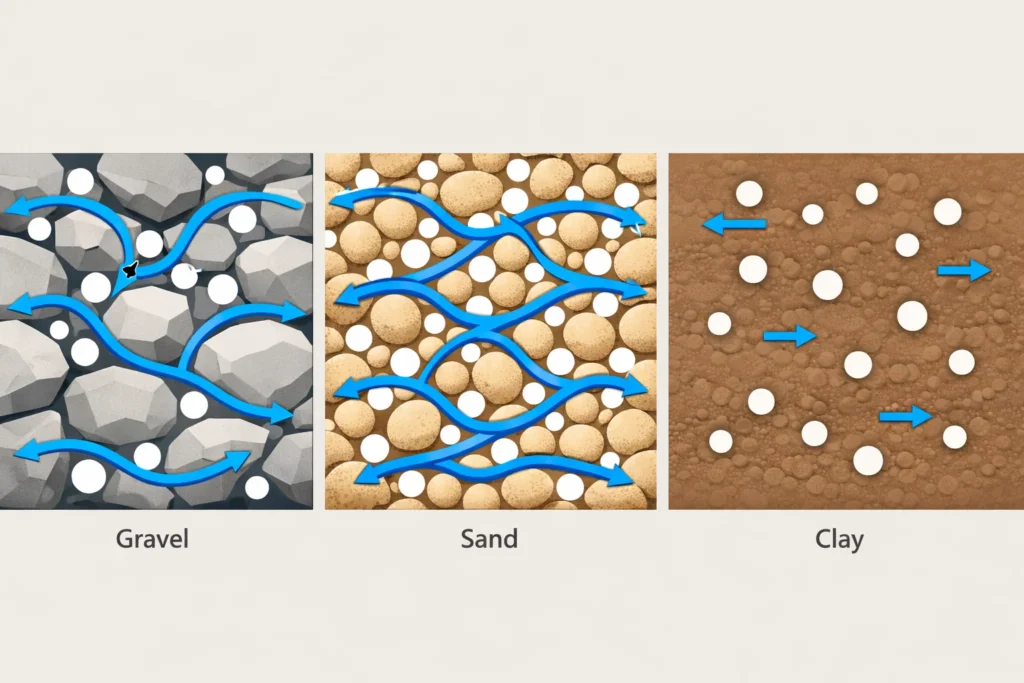 So sánh độ rỗng và tính thấm của sỏi, cát và đất sét