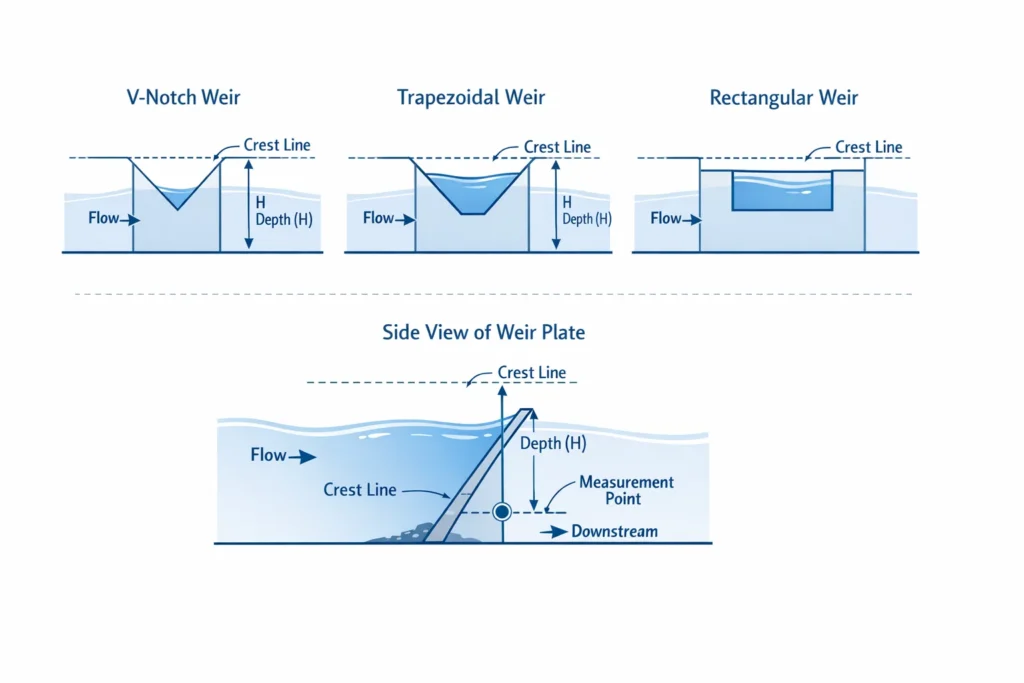 Các loại đập tràn weir và vị trí đo độ sâu để tính lưu lượng