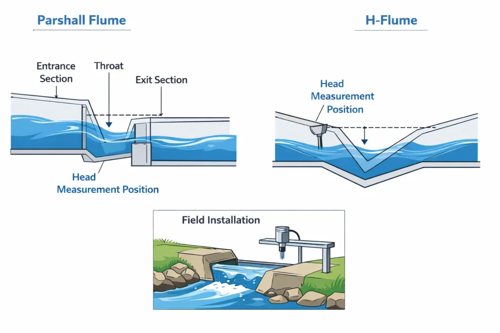 Minh họa máng Parshall và máng H với vị trí đo head để tính lưu lượng