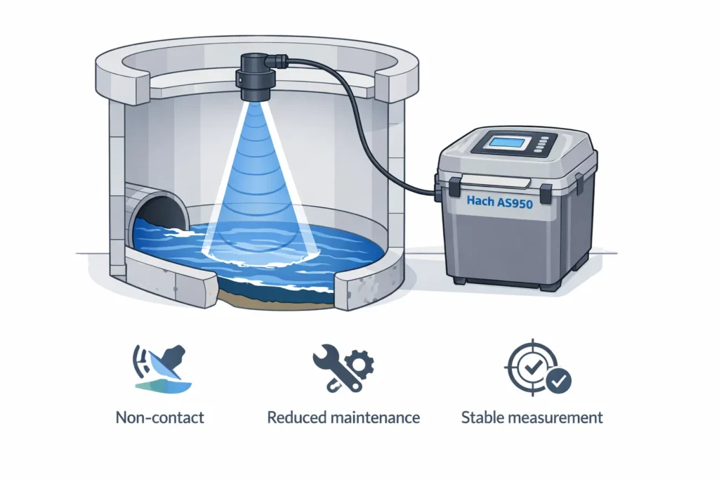 Cảm biến siêu âm hướng xuống US9001 đo mực nước không tiếp xúc cho Hach AS950