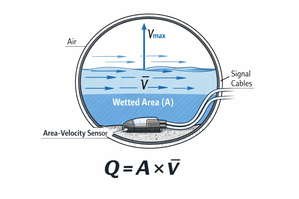 Nguyên lý area velocity Q bằng diện tích ướt nhân vận tốc trung bình cho đo lưu lượng