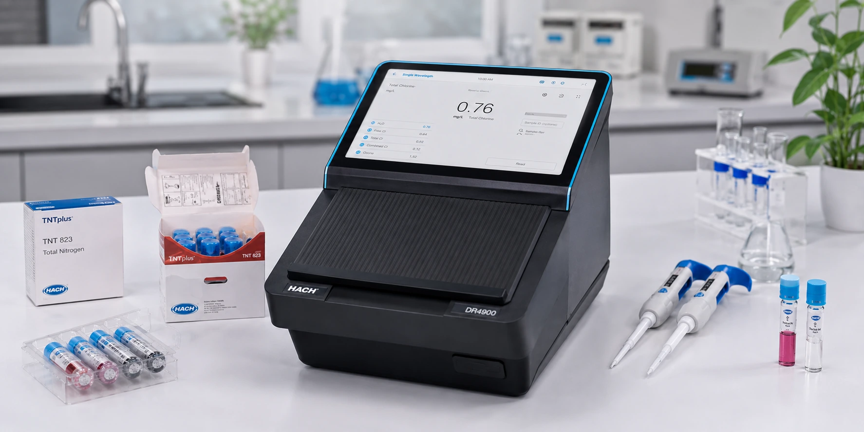 Giao diện màn hình cảm ứng của HACH DR4900 trong phòng lab phân tích nước