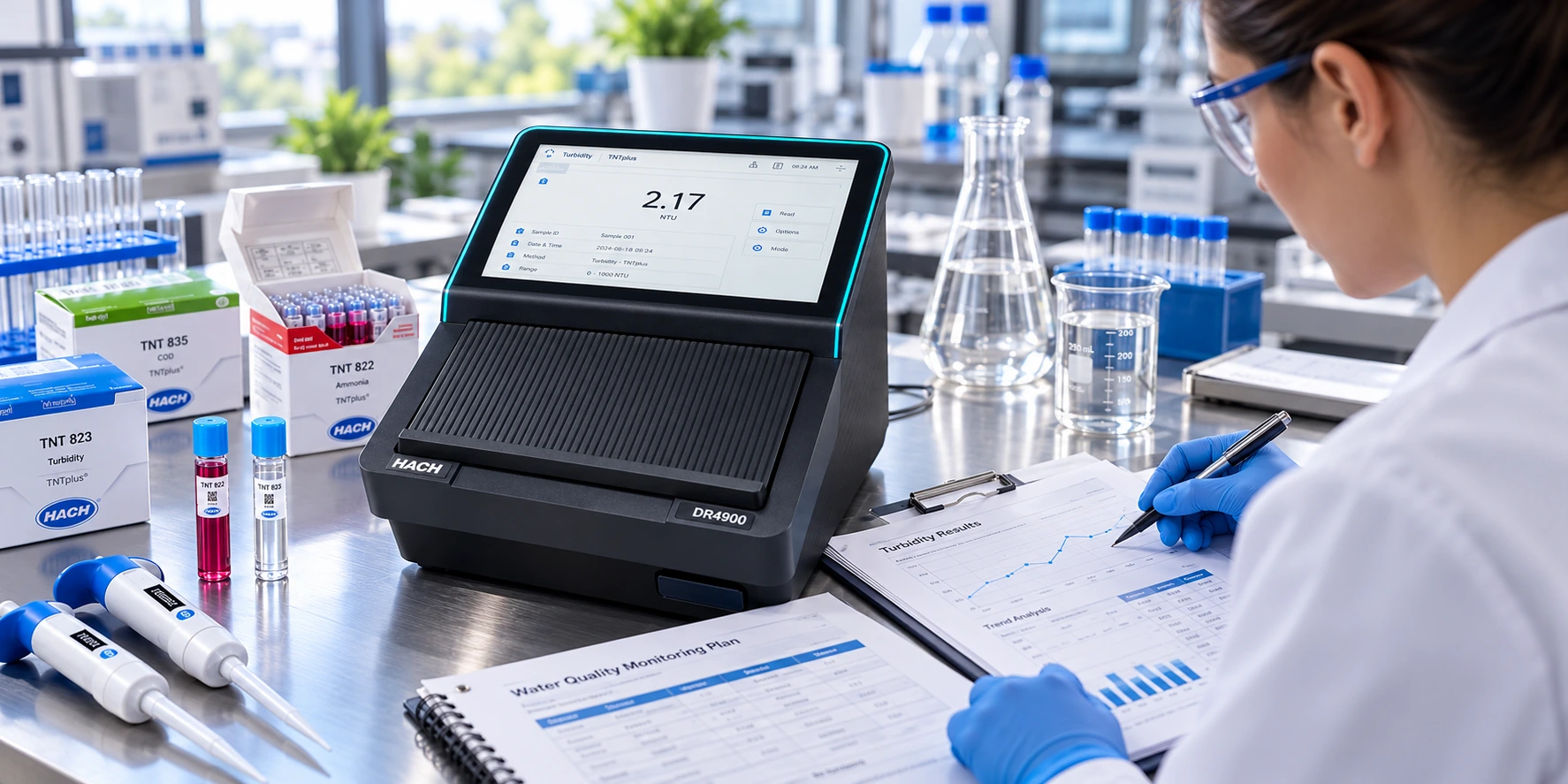 Kỹ thuật viên kiểm tra mẫu nước và ghi nhận dữ liệu vận hành phòng lab