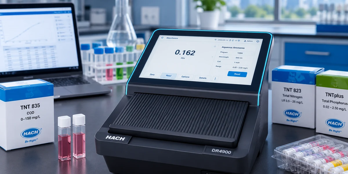 Máy quang phổ HACH DR4900 đặt cùng các ống mẫu và thiết bị ghi nhận kết quả trong phòng thí nghiệm - Máy DR4900 trong quy trình phân tích nhiều mẫu