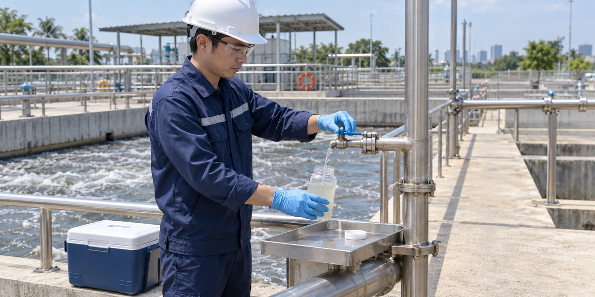 Kỹ thuật viên lấy mẫu nước thải tại điểm lấy mẫu để kiểm tra amoni